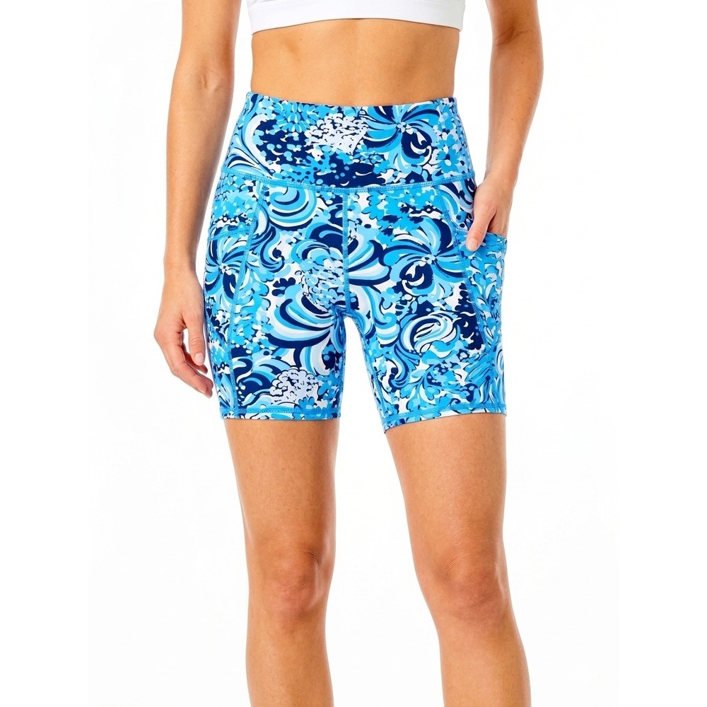 Lilly Pulitzer Luxletic XXS High Rise Biker Shorts Blue Floral Swirl Pockets NWT